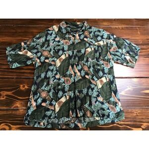 Tony Lambert NY Shirt Men's Size Large Green Tan Leaves Button Up Short Sleeve